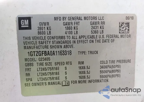 2010 GMC Savana 2500 Work Van z USA, uszkodzony, nr VIN 1GTZGFBA0A1163318
